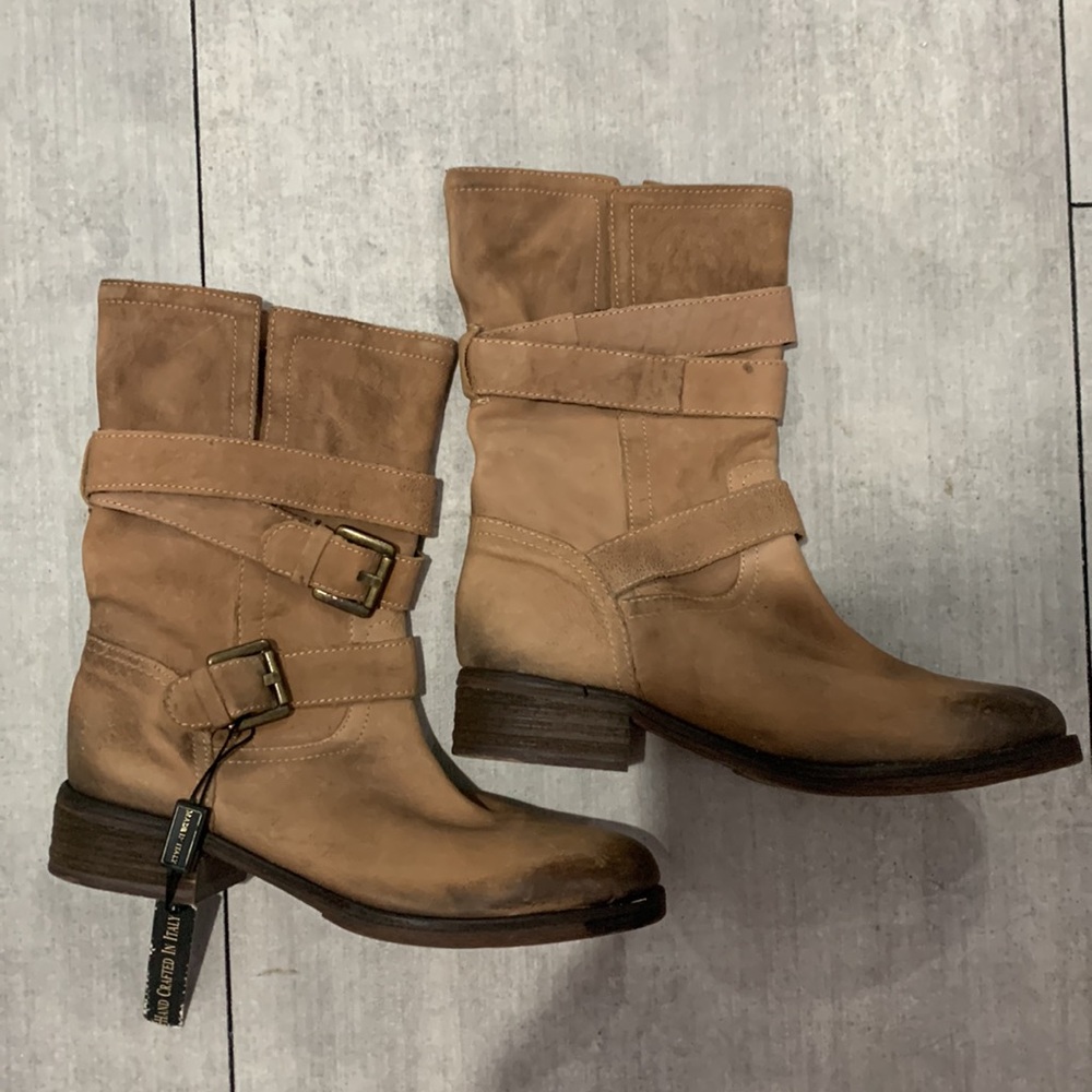 LAV ARTIGIANA  -MADE IN ITALY. Brown distress mid calf leather boots.-NFS